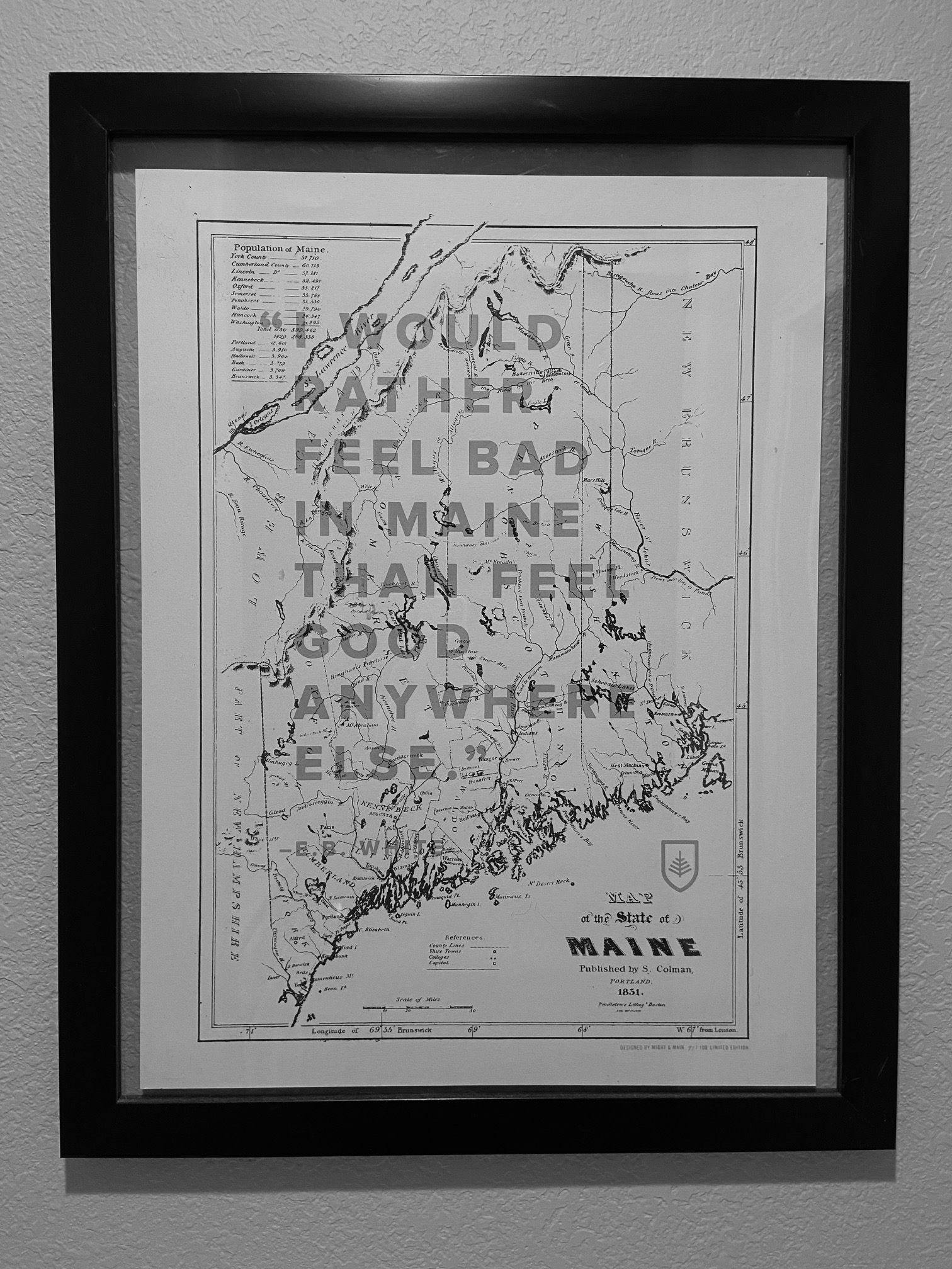 Framed vintage Maine map print